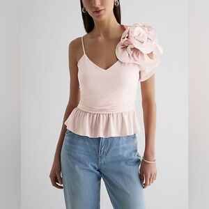 Express One Shoulder Rosette Peplum Cami, Pink, Size L